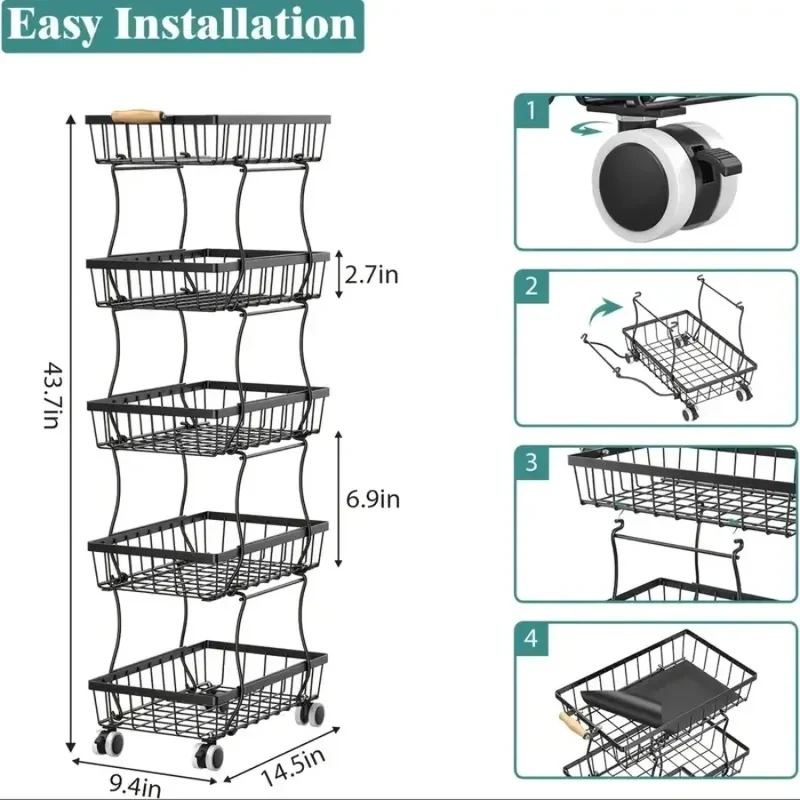 Hign-concerned 4 Tier Stackable Metal Vegetable Storage Rack With Wheels Rotating Corner Kitchen Organizer Basket