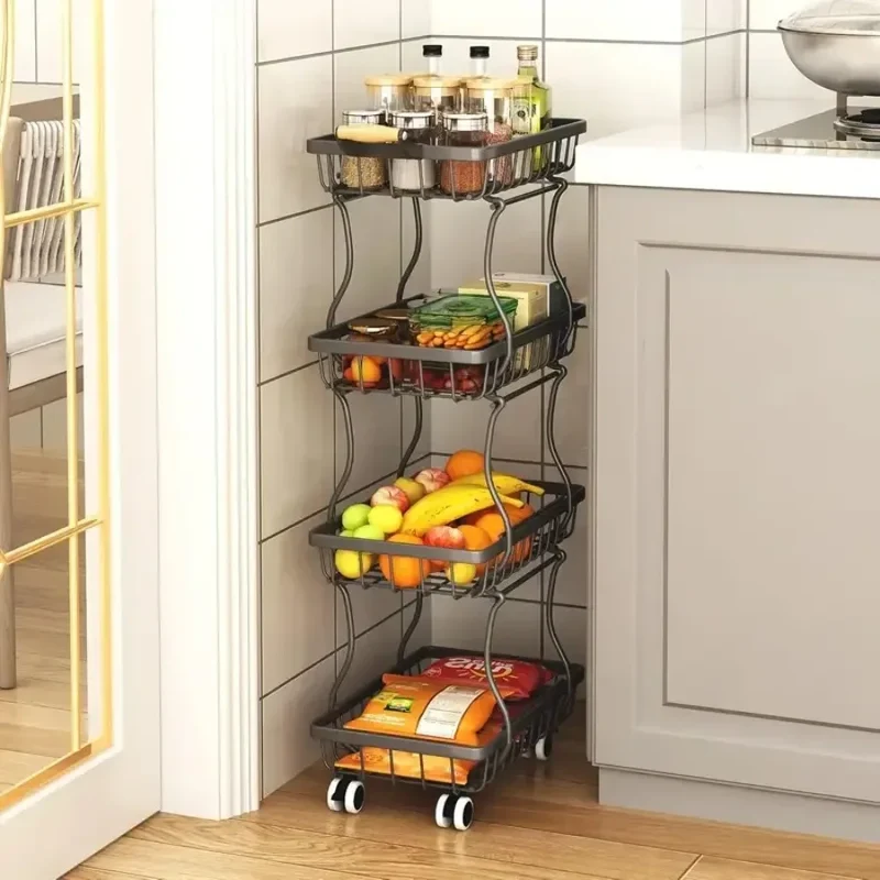 Hign-concerned 4 Tier Stackable Metal Vegetable Storage Rack With Wheels Rotating Corner Kitchen Organizer Basket