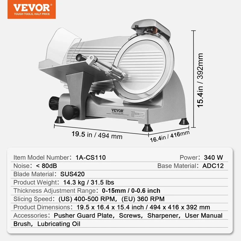 VEVOR 340W Meat Slicer Electric Deli Slicer SUS420 Stainless Steel With Built-In Sharpening Stone