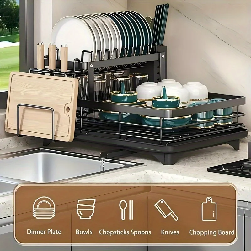 Hign-concerned Double-Tier Extendable Dish Drainer For Kitchen Counter Space-Saving