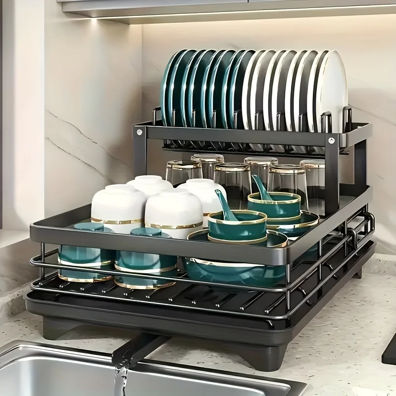 Hign-concerned Double-Tier Extendable Dish Drainer For Kitchen Counter Space-Saving