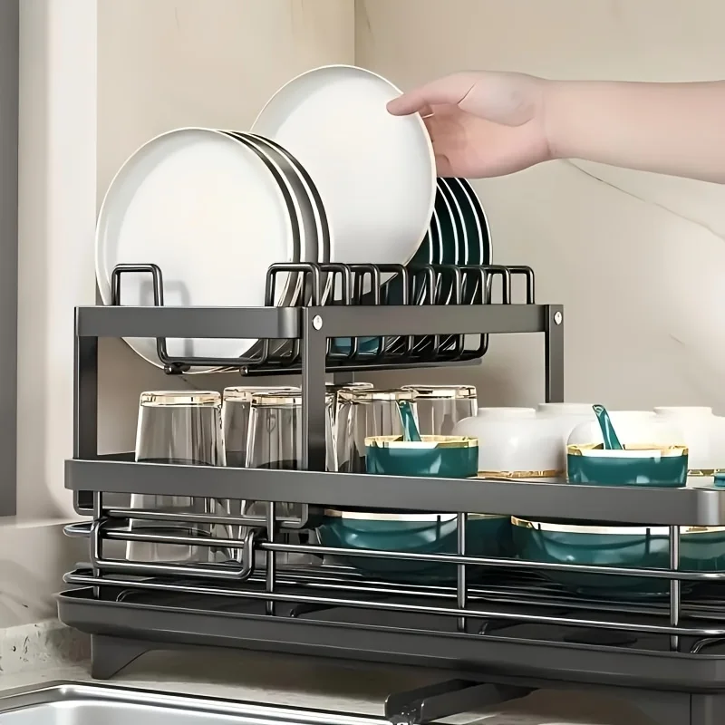 Hign-concerned Double-Tier Extendable Dish Drainer For Kitchen Counter Space-Saving