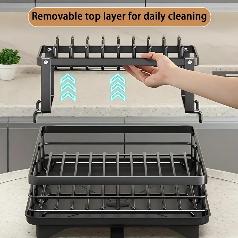 Hign-concerned Double-Tier Extendable Dish Drainer For Kitchen Counter Space-Saving