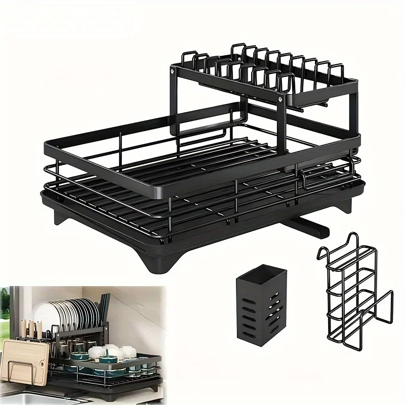 Hign-concerned Double-Tier Extendable Dish Drainer For Kitchen Counter Space-Saving