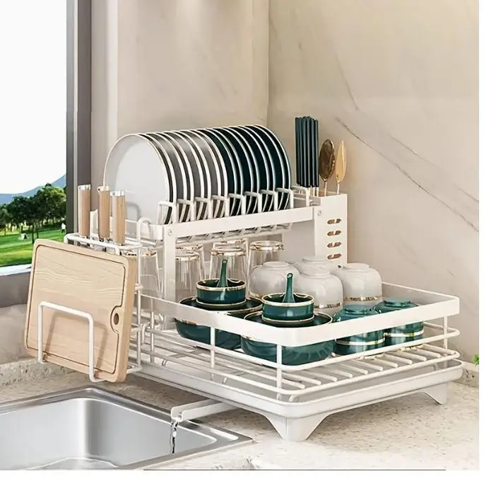 Hign-concerned Double-Tier Extendable Dish Drainer For Kitchen Counter Space-Saving