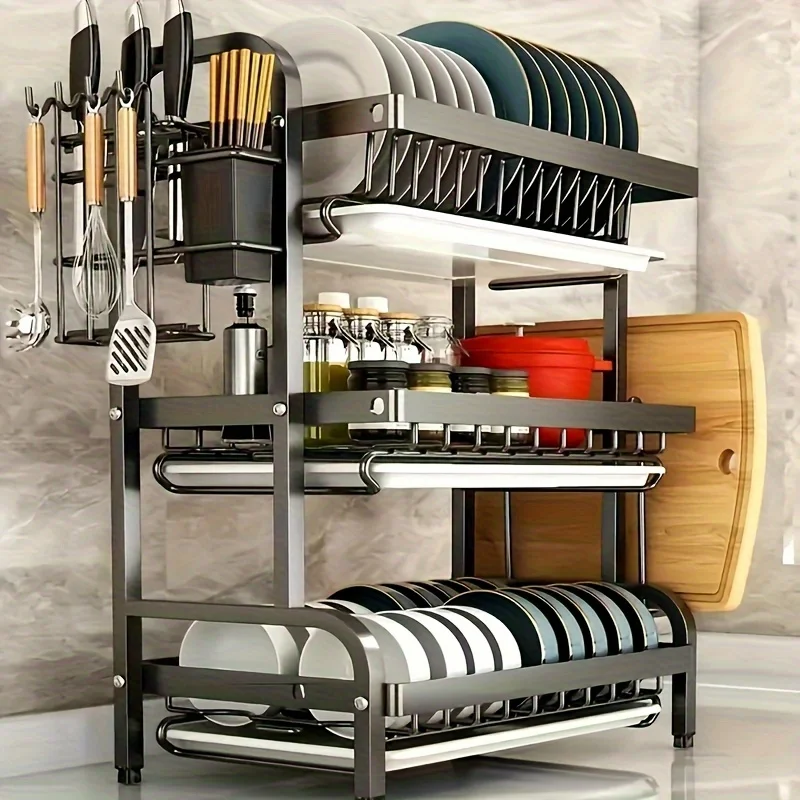 Hign-concerned Three-Tier Dish Rack Countertop Kitchen Utensil Holder Large Capacity