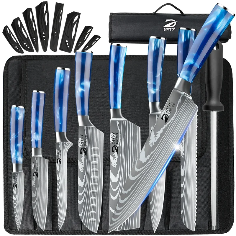 MDHAND Damascus Stainless Steel Kitchen Knife Set Chef Santoku Utility Boning With Nylon Bag