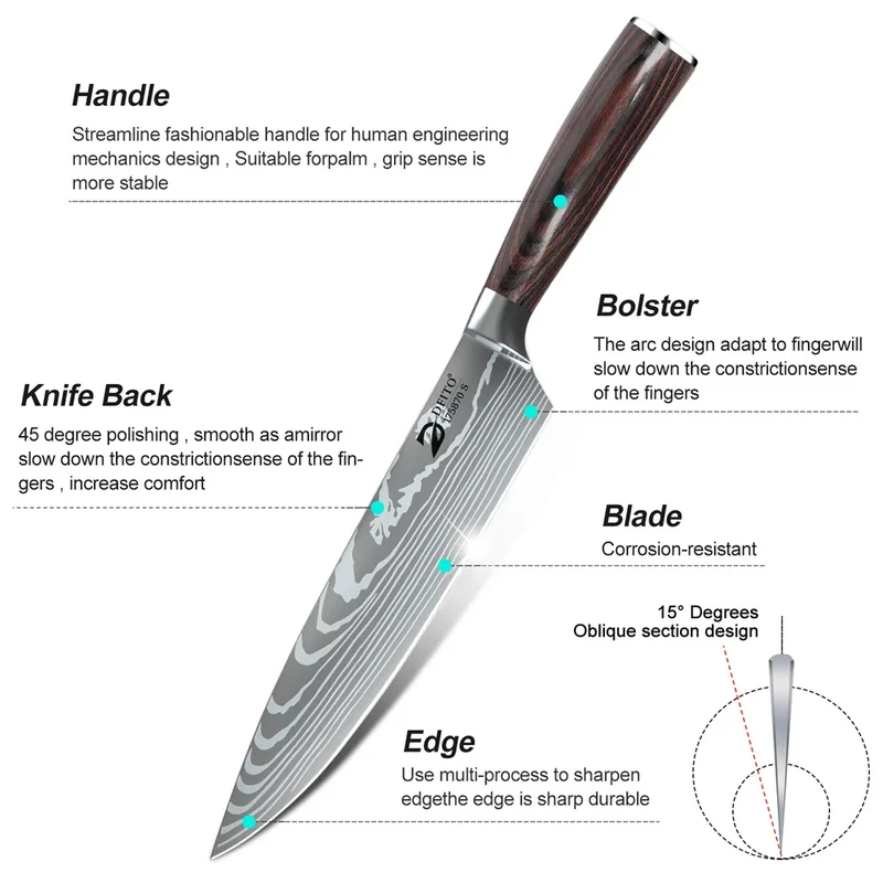 MDHAND Damascus Stainless Steel Kitchen Knife Set Chef Santoku Utility Boning With Nylon Bag