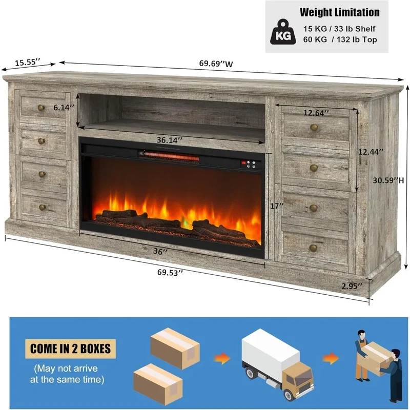 ZHUXIANG Fireplace TV Stand With Electric Fireplace And Drawer Storage Modern Media Console