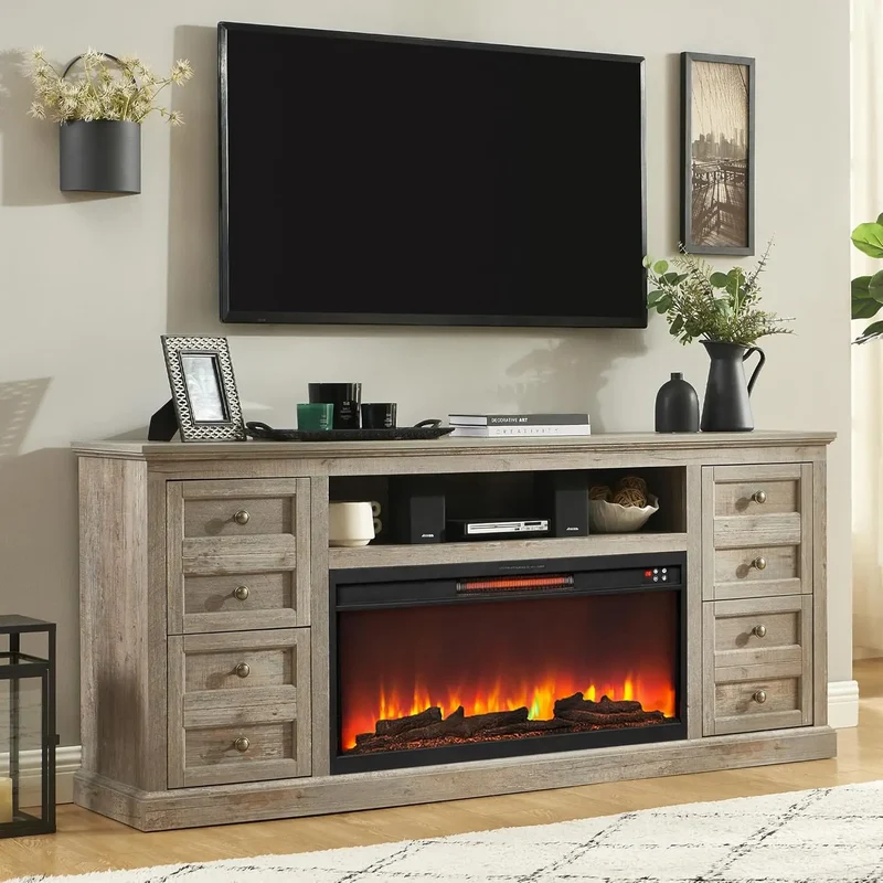 ZHUXIANG Fireplace TV Stand With Electric Fireplace And Drawer Storage Modern Media Console