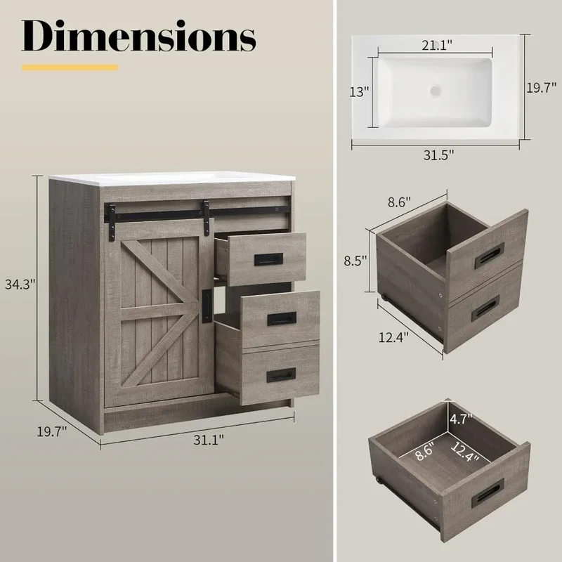Ticify Farmhouse Sliding Barn Door Bathroom Vanity With Sink Drawers