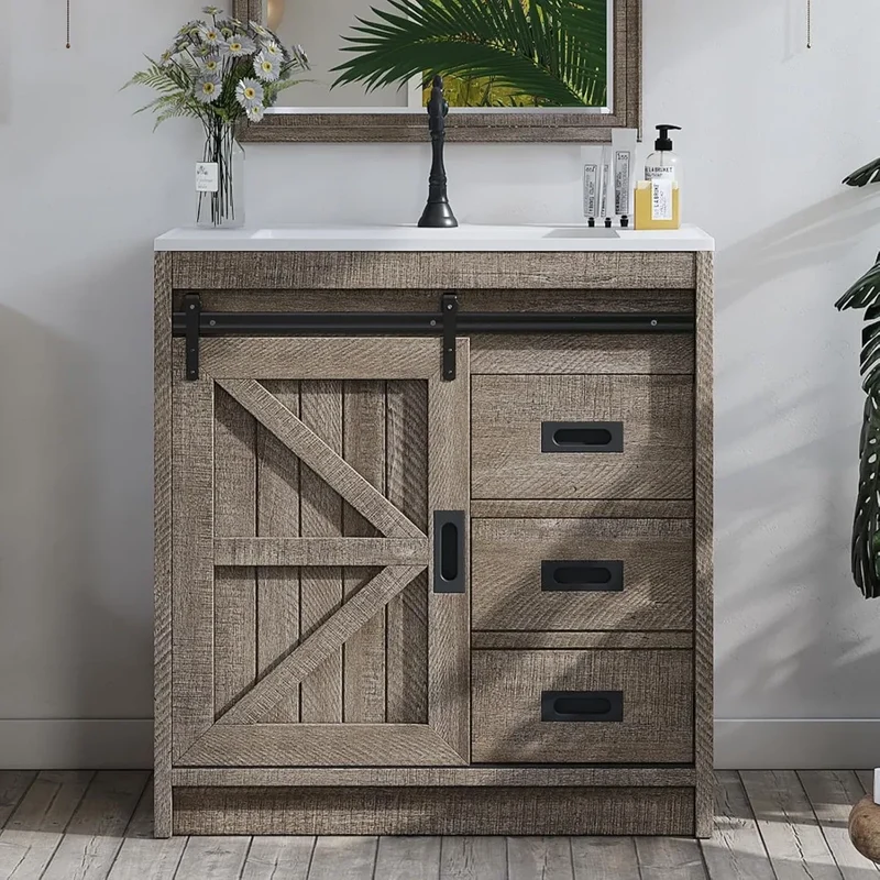 Ticify Farmhouse Sliding Barn Door Bathroom Vanity With Sink Drawers