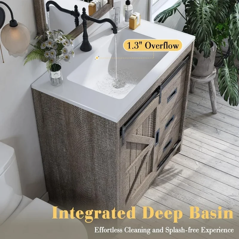 Ticify Farmhouse Sliding Barn Door Bathroom Vanity With Sink Drawers