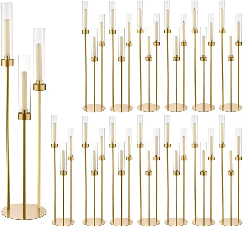 Hign-concerned 16 Piece Gold Three Arm Candelabra Candlestick Holder Decorations