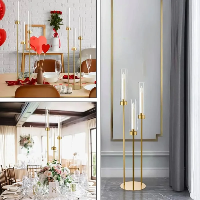Hign-concerned 16 Piece Gold Three Arm Candelabra Candlestick Holder Decorations