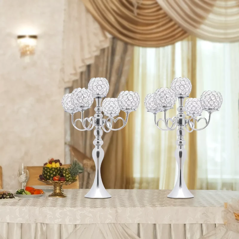 Bymaocar 2Piece5Arm SilverCrystalCandelabra Set ModernIronFrame ElegantDecorPremium