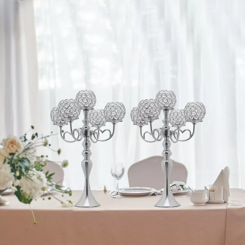 Bymaocar 2Piece5Arm SilverCrystalCandelabra Set ModernIronFrame ElegantDecorPremium