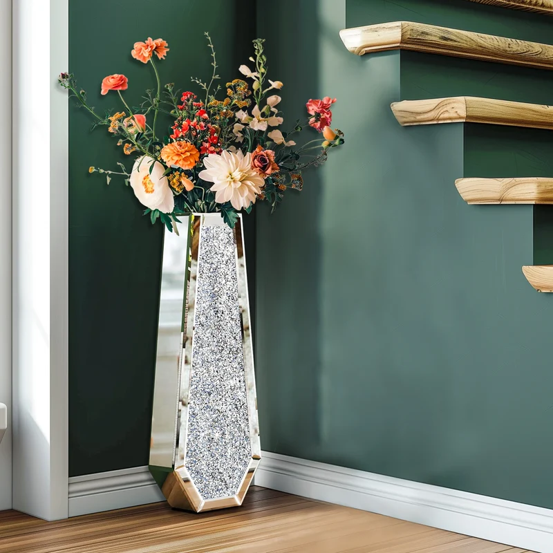 Function Crushed Diamond Mirrored Floor Vase For Pampas Grass Decor