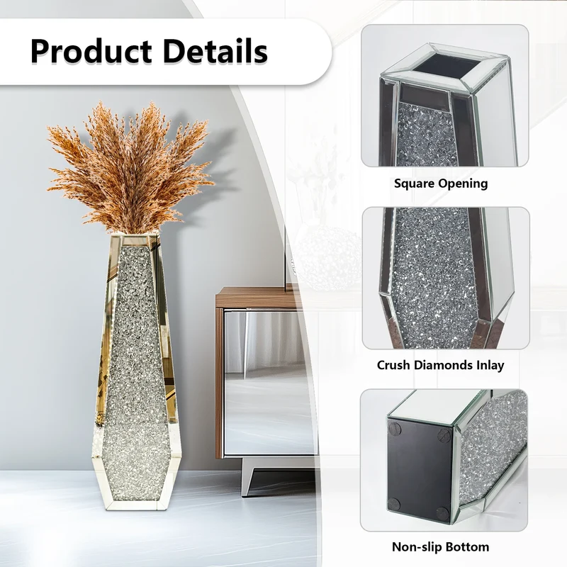 Function Crushed Diamond Mirrored Floor Vase For Pampas Grass Decor