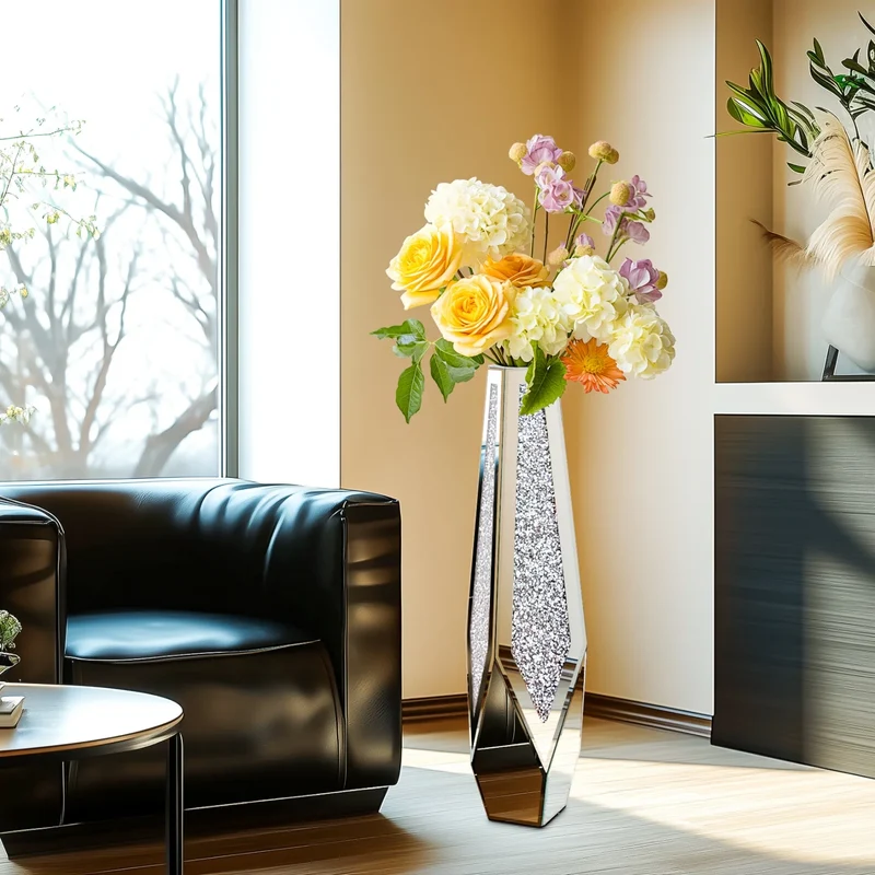 Function Crushed Diamond Mirrored Floor Vase For Pampas Grass Decor