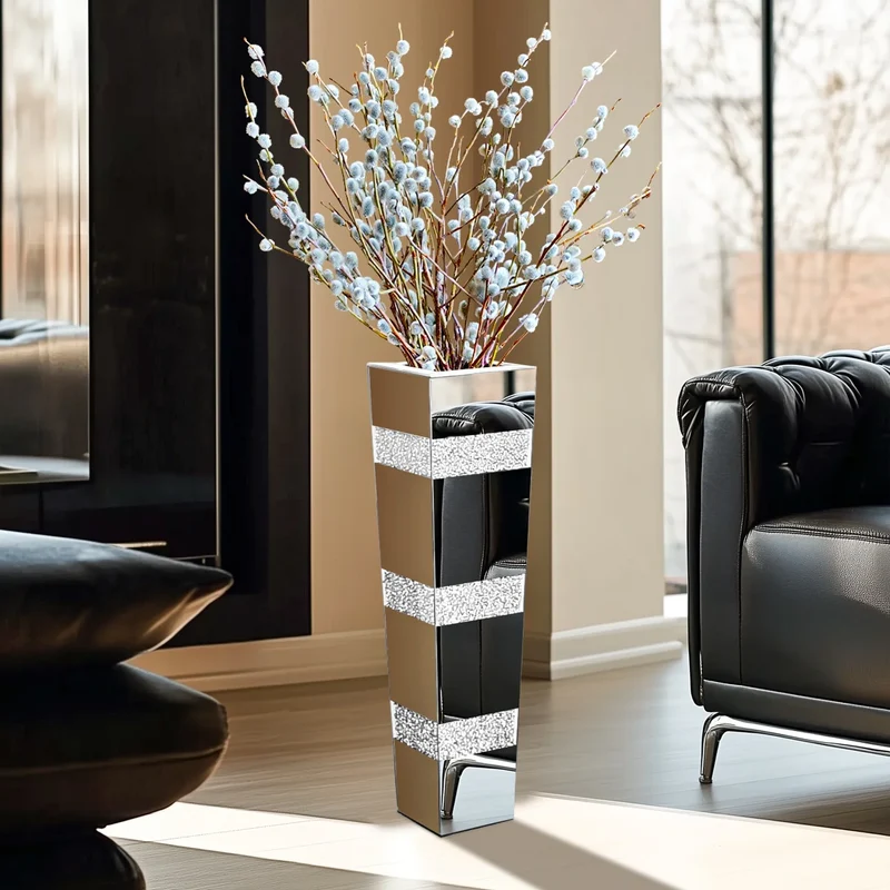Function Crushed Diamond Mirrored Floor Vase For Pampas Grass Decor