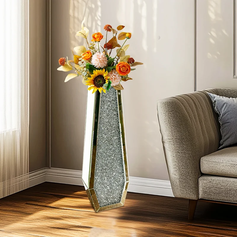 Function Crushed Diamond Mirrored Floor Vase For Pampas Grass Decor