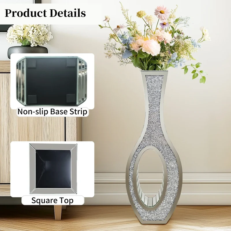 Function Luxurious Silver Mirrored Floorstanding Vase With Exquisite Diamond Accents