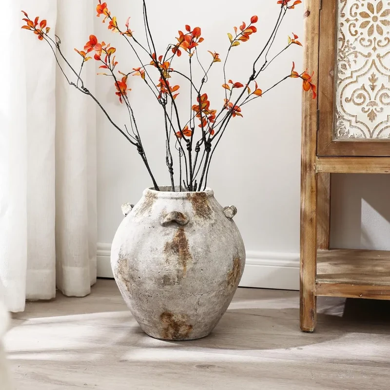 High-concerned Ceramic Flower Vase With Decorative Handles Terracotta Living Room