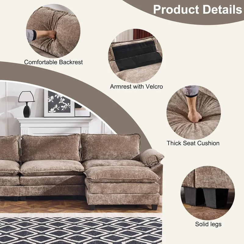 Modern L-Shape Chenille Upholstered 3-Seat Sectional Sofa With Ottoman LivingRoom