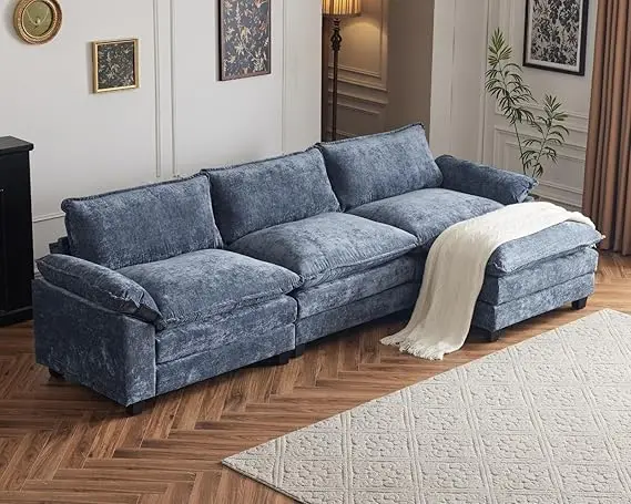 Modern L-Shape Chenille Upholstered 3-Seat Sectional Sofa With Ottoman LivingRoom