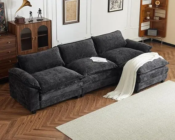 Modern L-Shape Chenille Upholstered 3-Seat Sectional Sofa With Ottoman LivingRoom