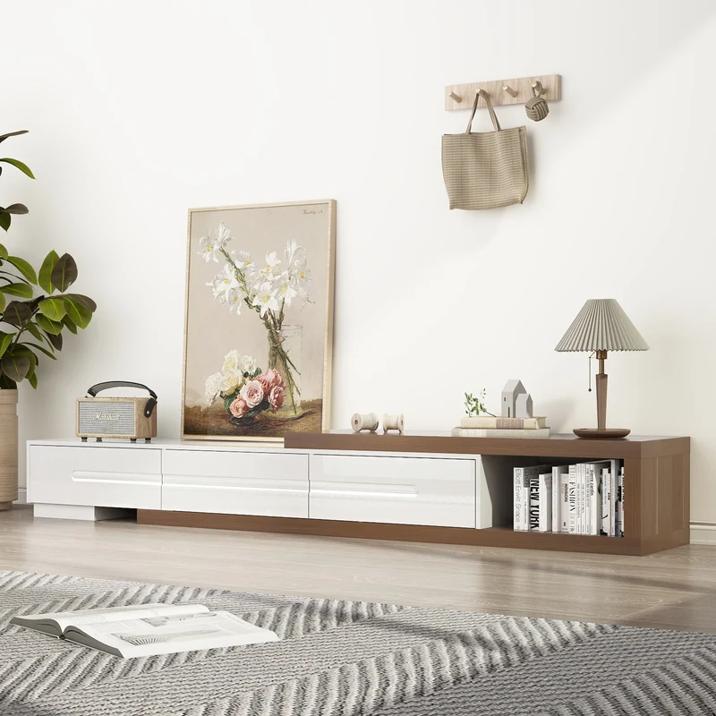 QiaoShiRen Extendable TV Stand Reversible Wood Media Console OpenStorageShelf Drawers