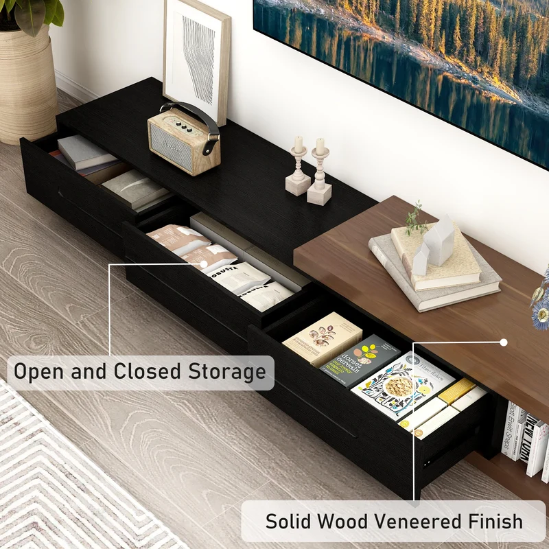 QiaoShiRen Extendable TV Stand Reversible Wood Media Console OpenStorageShelf Drawers
