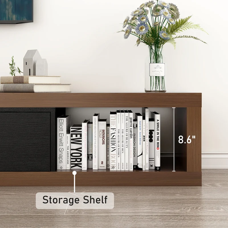 QiaoShiRen Extendable TV Stand Reversible Wood Media Console OpenStorageShelf Drawers