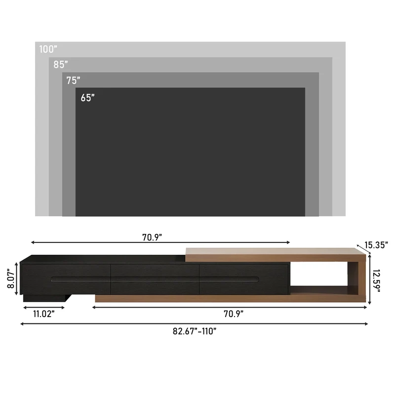 QiaoShiRen Extendable TV Stand Reversible Wood Media Console OpenStorageShelf Drawers