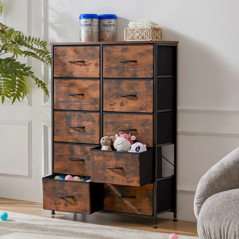 JHK Bedside Table With TenFabricDrawers Wardrobe SteelFrame Storage Cabinet Unit