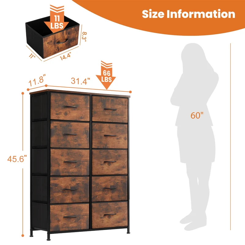 JHK Bedside Table With TenFabricDrawers Wardrobe SteelFrame Storage Cabinet Unit