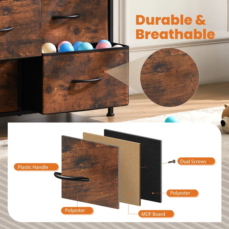 JHK Bedside Table With TenFabricDrawers Wardrobe SteelFrame Storage Cabinet Unit