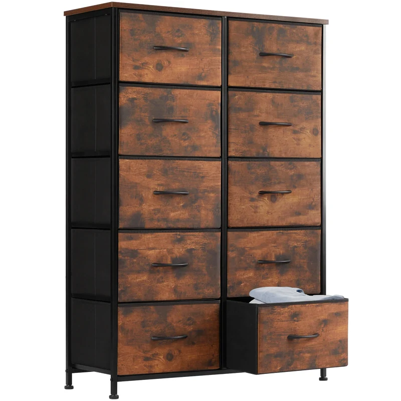 JHK Bedside Table With TenFabricDrawers Wardrobe SteelFrame Storage Cabinet Unit
