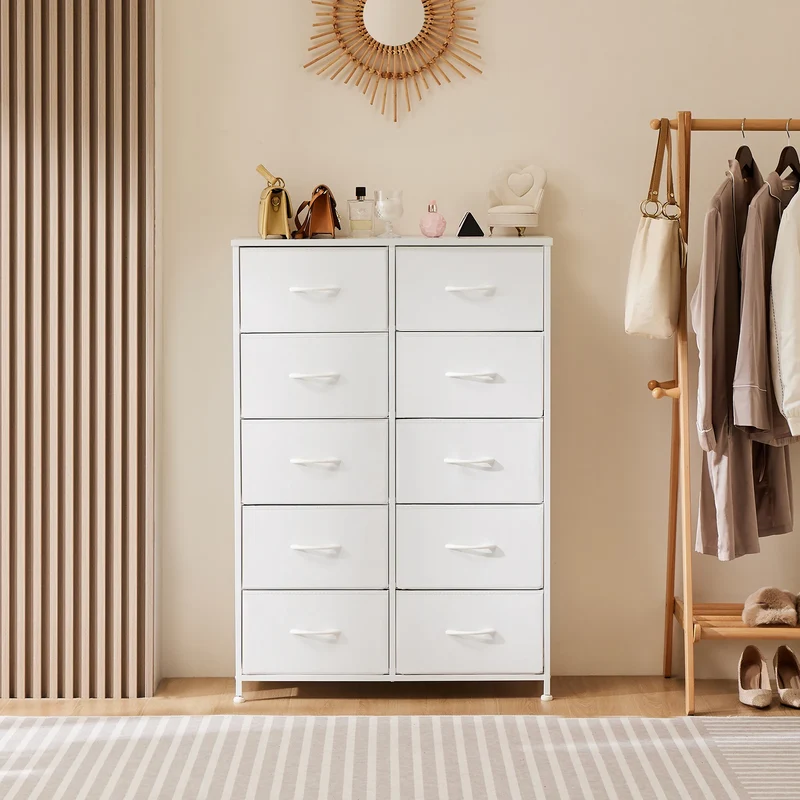 JHK Bedside Table With TenFabricDrawers Wardrobe SteelFrame Storage Cabinet Unit