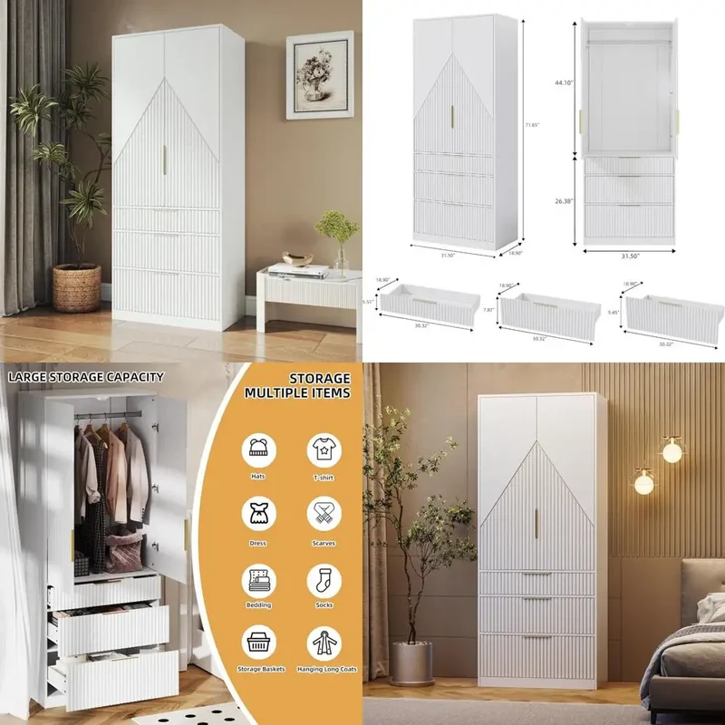 Wooden Wardrobe Armoire With Double Doors, 3 Drawers, Hanging Rod And Shelf For Bedroom Storage