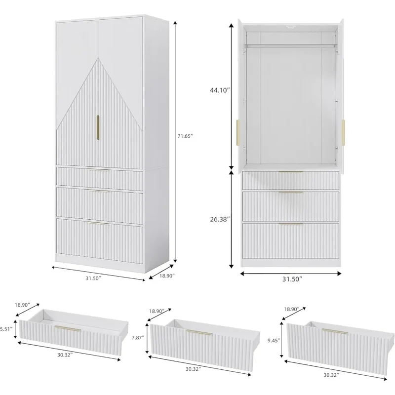 Wooden Wardrobe Armoire With Double Doors, 3 Drawers, Hanging Rod And Shelf For Bedroom Storage