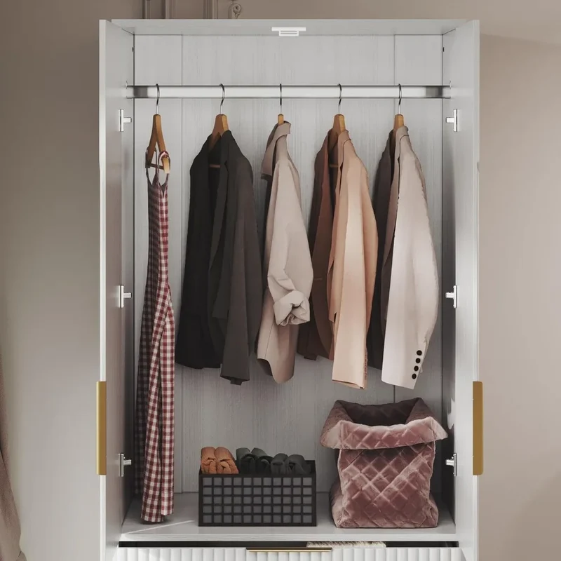 Wooden Wardrobe Armoire With Double Doors, 3 Drawers, Hanging Rod And Shelf For Bedroom Storage