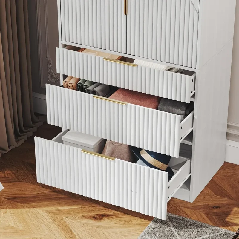 Wooden Wardrobe Armoire With Double Doors, 3 Drawers, Hanging Rod And Shelf For Bedroom Storage
