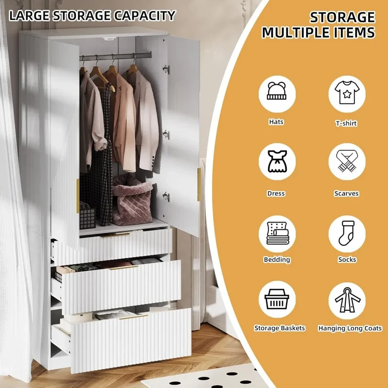 Wooden Wardrobe Armoire With Double Doors, 3 Drawers, Hanging Rod And Shelf For Bedroom Storage