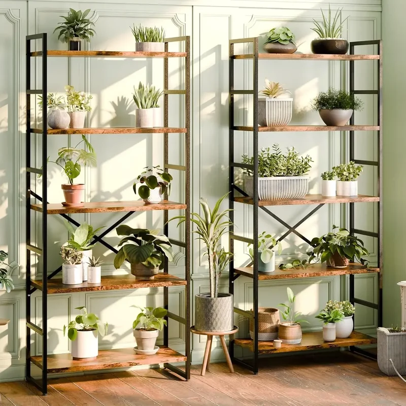 XMSJ 2Piece FiveTier Bookshelf ClassicTall Industrial Modern Display Cabinet Organization