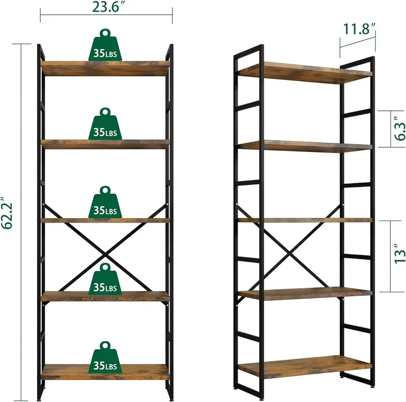 XMSJ 2Piece FiveTier Bookshelf ClassicTall Industrial Modern Display Cabinet Organization