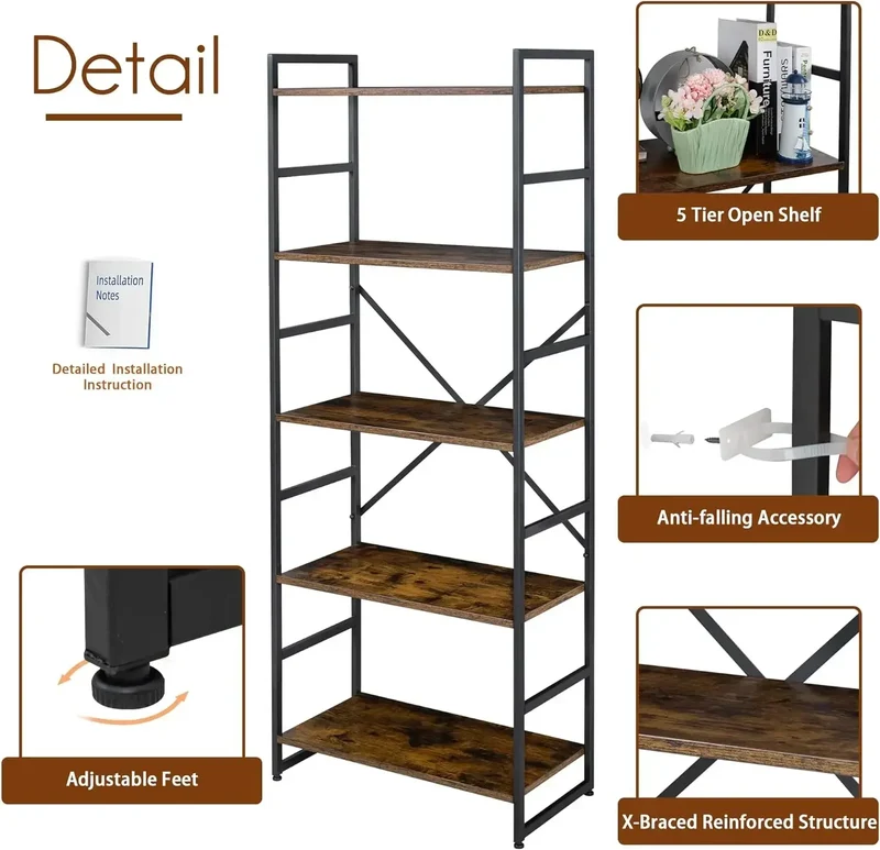 XMSJ 2Piece FiveTier Bookshelf ClassicTall Industrial Modern Display Cabinet Organization