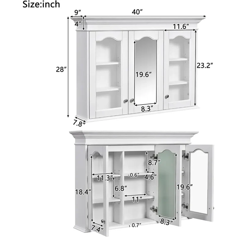 RBXC Wall Mounted Medicine Cabinet With Mirror Doors And Storage