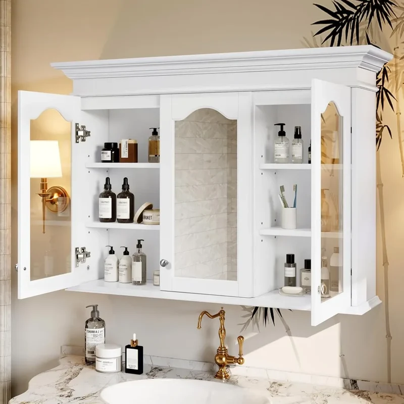 RBXC Wall Mounted Medicine Cabinet With Mirror Doors And Storage